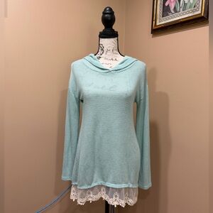 Jesse & J Mint Green Knit Hooded Top Lace Hem Lightweight Size M
